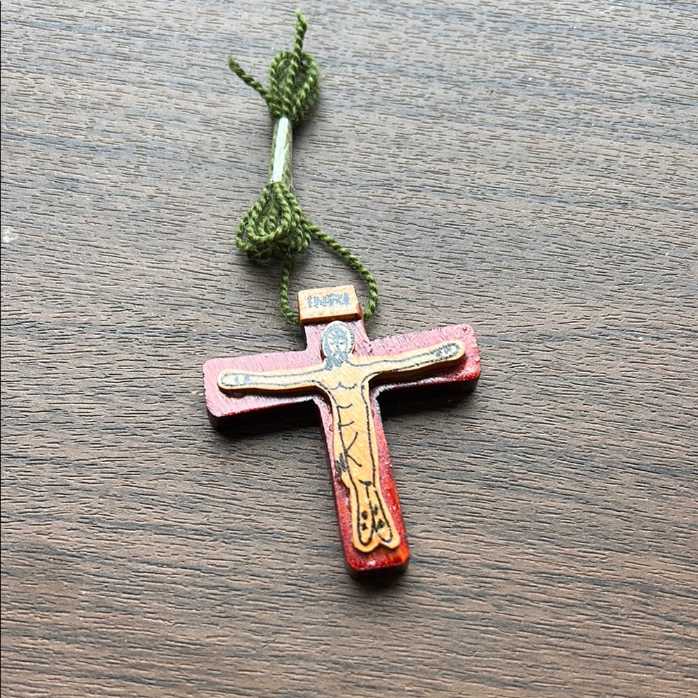 Wooden Cross Pendant with Green Cord